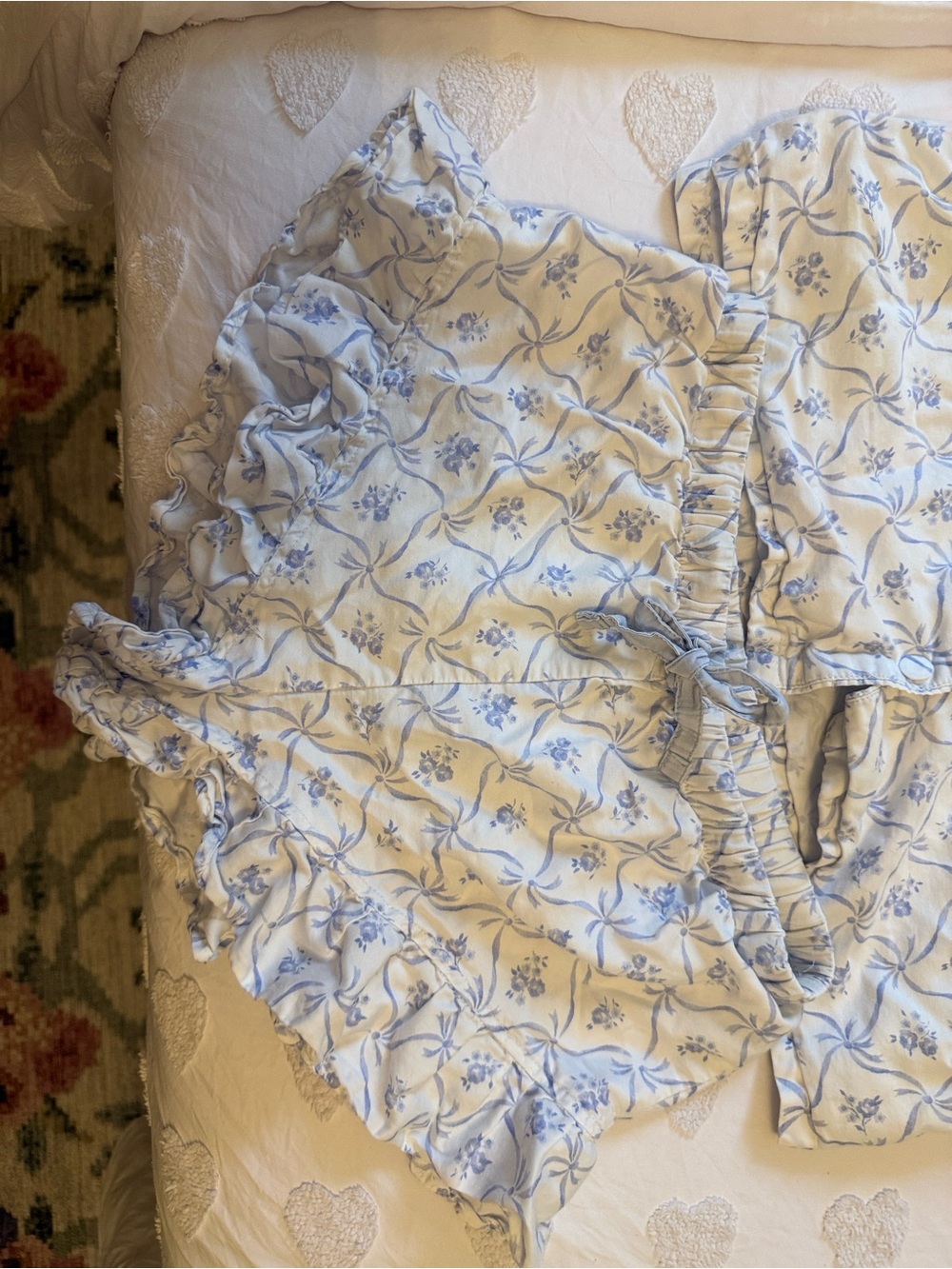LoveShackFancy White and Light Blue Floral Two-Piece Pajama Set - Picture 2 of 7